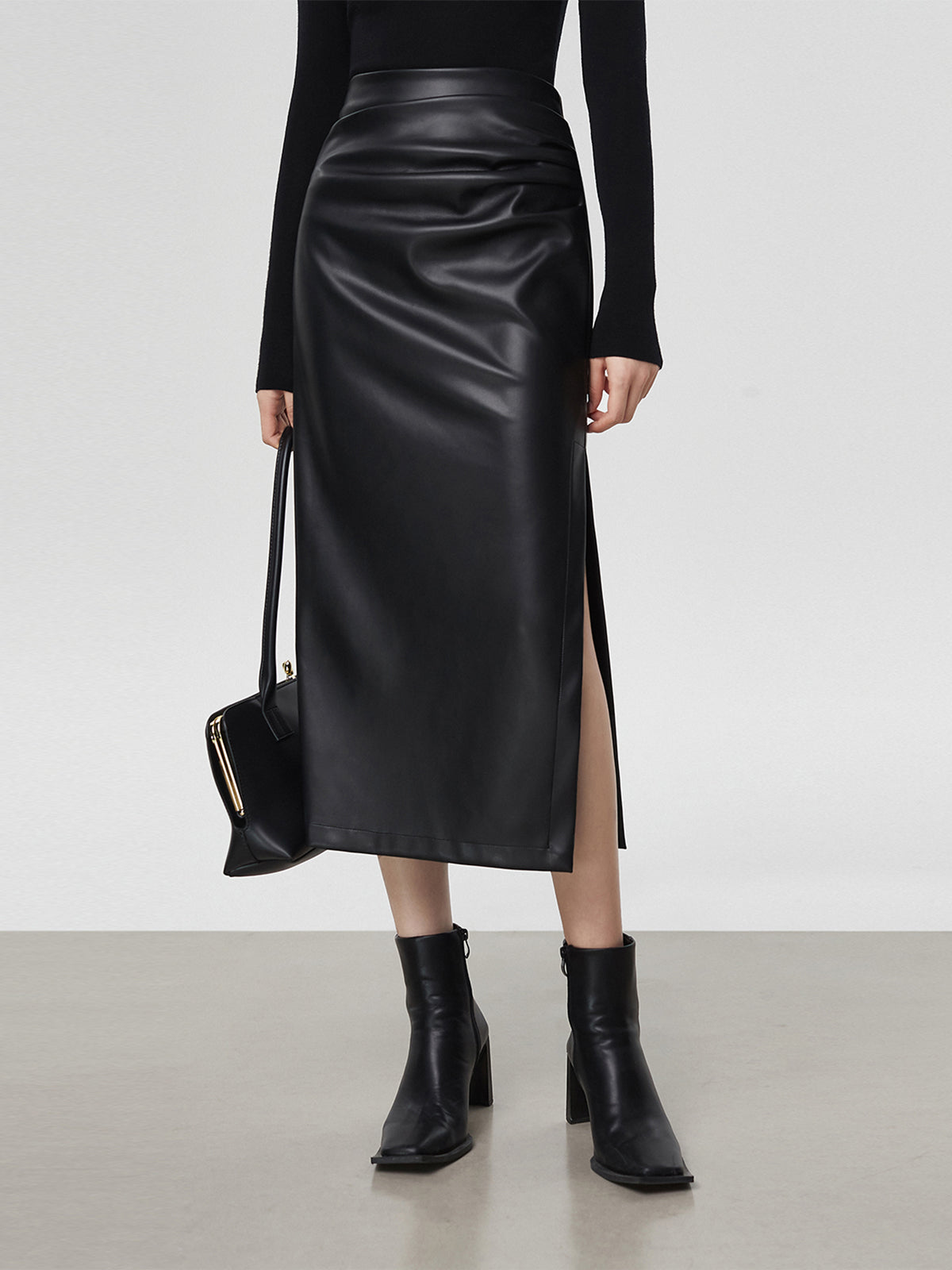 Cyflymder- Faux Leather Ruched Slit Midi Skirt