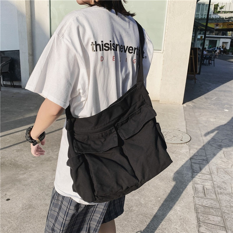Cyflymder Multi Pockets Canvas Big Size Handbag Female Male Teenager Student Over Large High Street Hip Hop Zipper Messenger Bag
