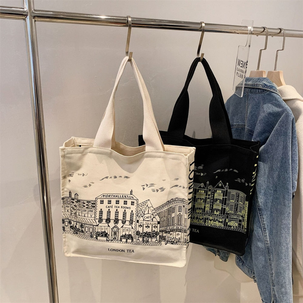 Cyflymder Women Literature and Art Shoulder Canvas Bag Fashion Printing Student Simple Korean Casual Shopping Bag Large Capacity Tote Bag