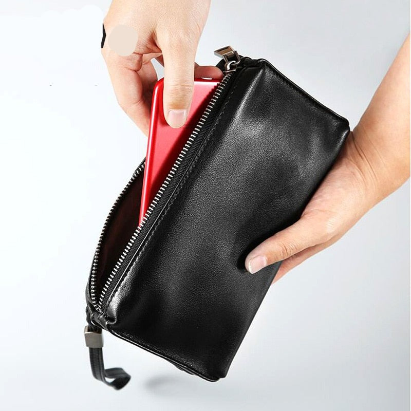 Cyflymder Leather long zipper wallet handbag grab bag leather casual mens leather bag retro hand bag