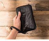 Cyflymder Men's leather wallet, handmade retro multifunctional cowhide zipper clutch, trendy personality clutch