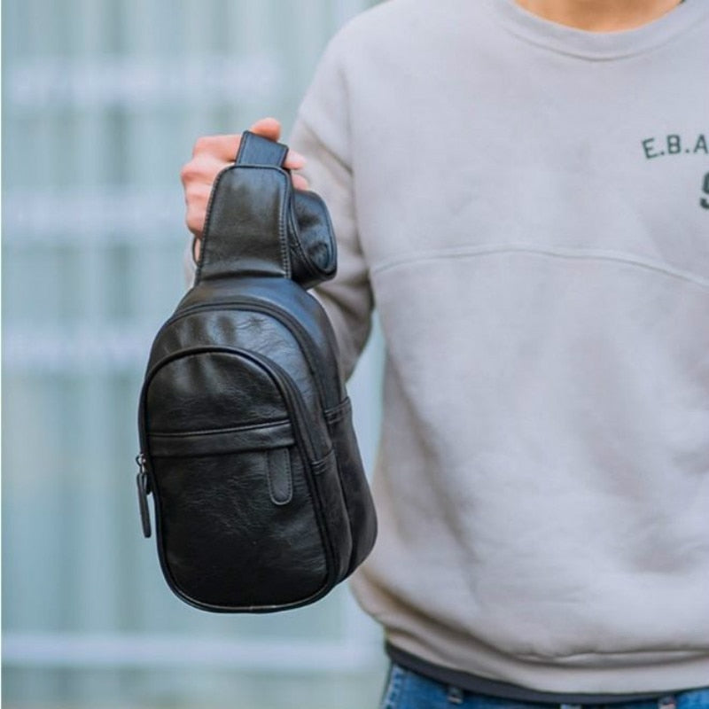 Cyflymder Fashion Simple Men's Small Chest Bag Messenger Bag Men's Korean Fashion Casual Soft Leather Shoulder Bag Outdoor Sports Backpack
