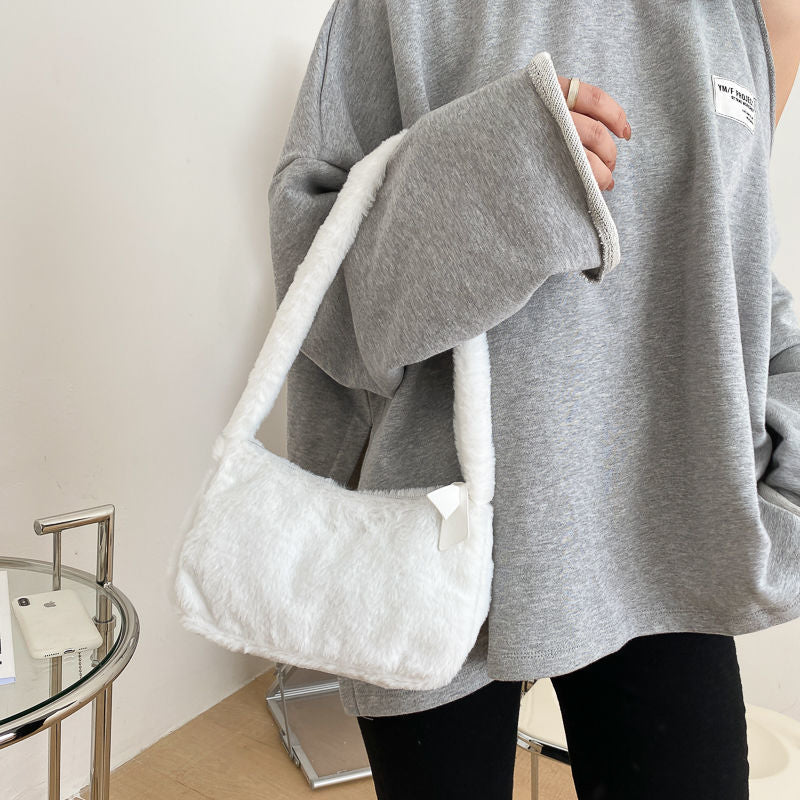 Cyflymder Simple Design Women Soft Plush Hobos Shoulder Bags Winter Furry Ladies Clutch Purse Handbag Fashion Female  Underarm Bag