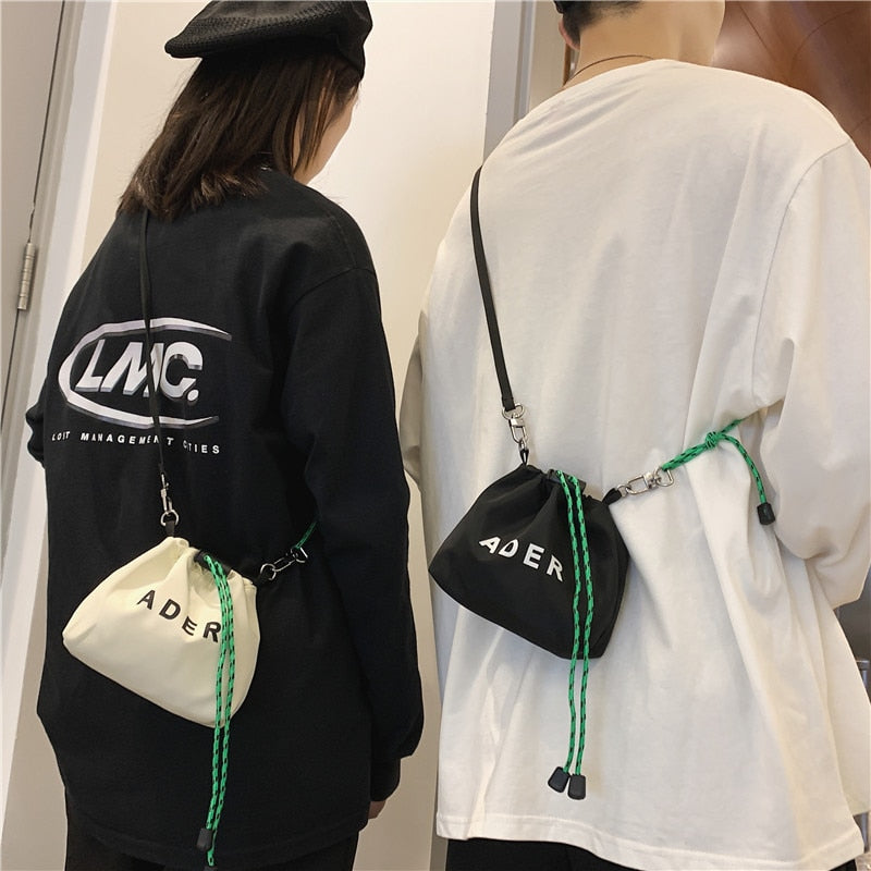 Cyflymder Fashion Letter Printing Mini Crossbody Bag For Women Black White Canvas Couple Small Bag Bucket Handbag Drawstring Shoulder Bag