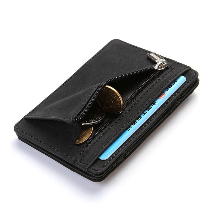Cyflymder New Slim Men Male PU Leather Mini Small Magic Wallets Ultra Thin Zipper Coin Purse Pouch Plastic Credit Bank Card Case Holder