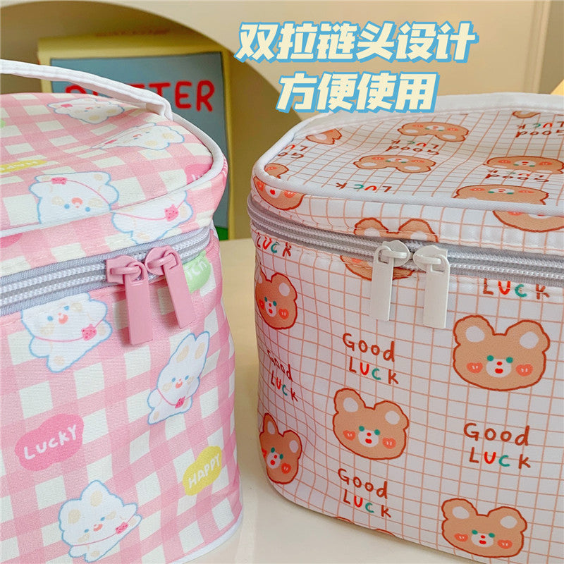 Cyflymder New Women Travel Cosmetic Makeup Bags Case Korean Bear Rabbit Plaid Toiletries Organizer Females Make up Storage Bag Pouch