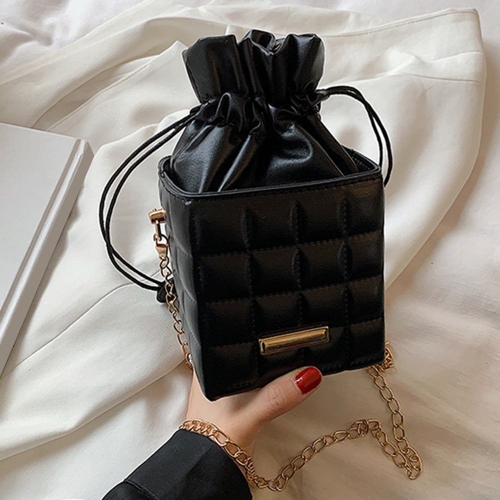 Cyflymder Fashion Women PU Leather Checker Pattern Drawstring Chain Cube Shoulder Crossbody Messenger Bag Casual Handbags Purse
