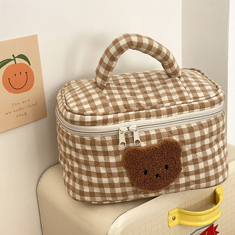 Cyflymder Cute Bear Makeup Bag Large Capacity Portable Cosmetic Bags Zipper Pure Cotton Plaid Brushes Pouch Case For Women