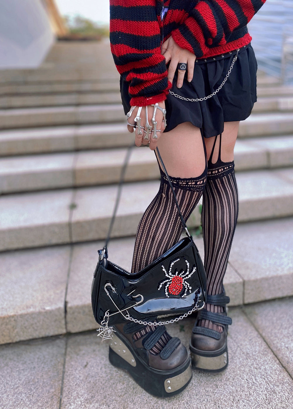 Cyflymder Punk Gothic Shoulder Bag Harajuku Patent Leather Shiny Diamond Spider Irregular Womens Bag With Chain Ladies Handbag