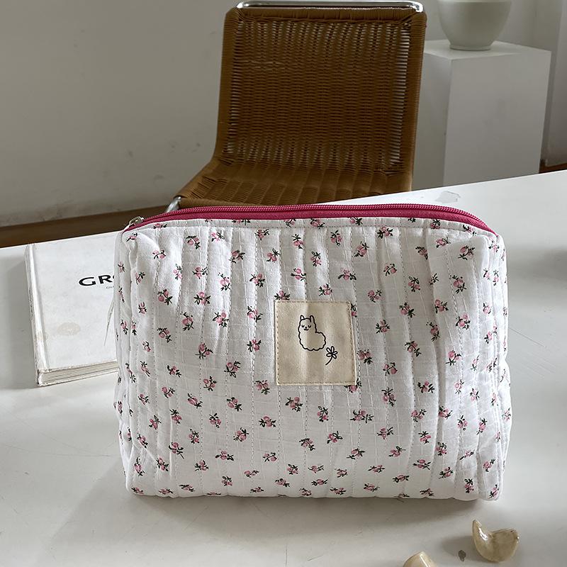 Cyflymder Korean Quilted Makeup Bag Canvas For Women Cosmetic Storage Bag Portable Toiletry Bags Female Beauty Case Cotton Floral Cosmetic Pouch