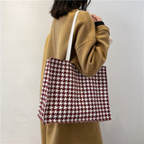 Cyflymder Big Tote Bag Women Bag Vintage High-capacity Shoulder Bags Houndstooth Hasp Soft Handbag Shopping Bag Korean Lady Handbag