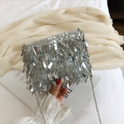Cyflymder Fashion Design Luxury Silver Sequin Rhinestone Tassel Women Small Shoulder Bags Chain Elegant Ladies Party Evening Clutch Purse
