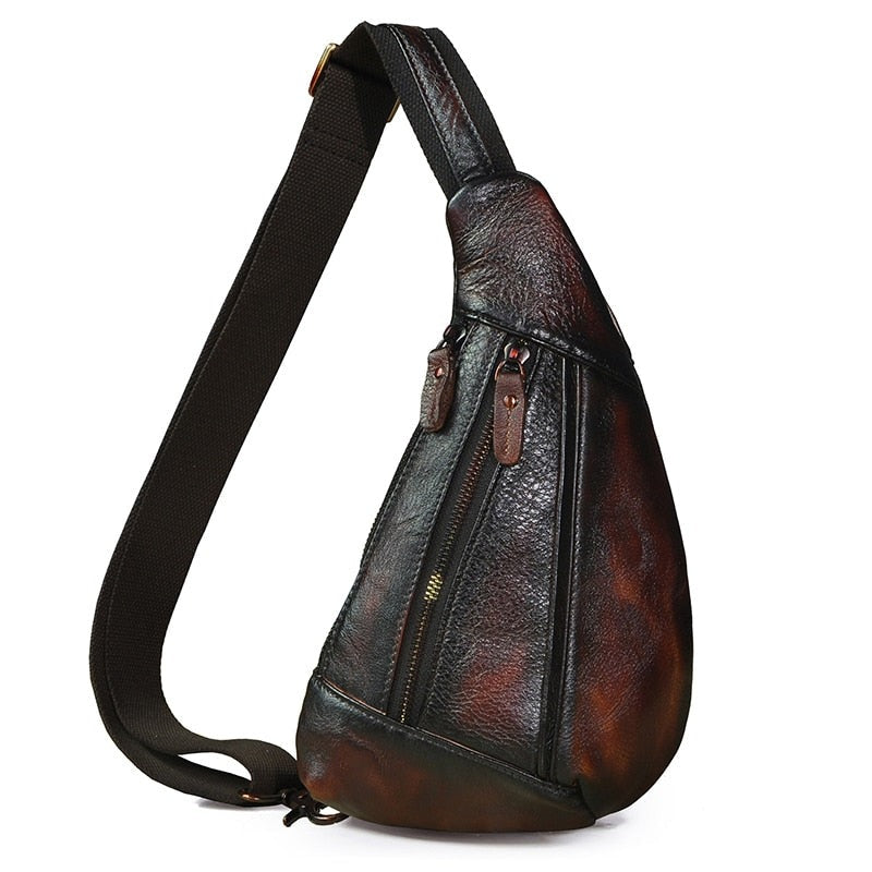 Cyflymder Brand Men Natural Leather Retro Coffee Tringle Chest Pack Bag Design Male Sling Crossbody One Shoulder Bag Backpack Daypack