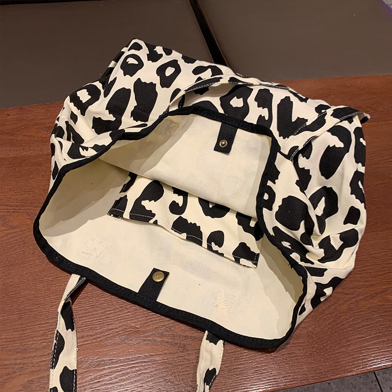 Cyflymder Women Shoulder Bag Canvas Totes Bag Girl Fashion Casual Large Capacity Shopper Bag With Snap Cute Leopard Printing Handbags