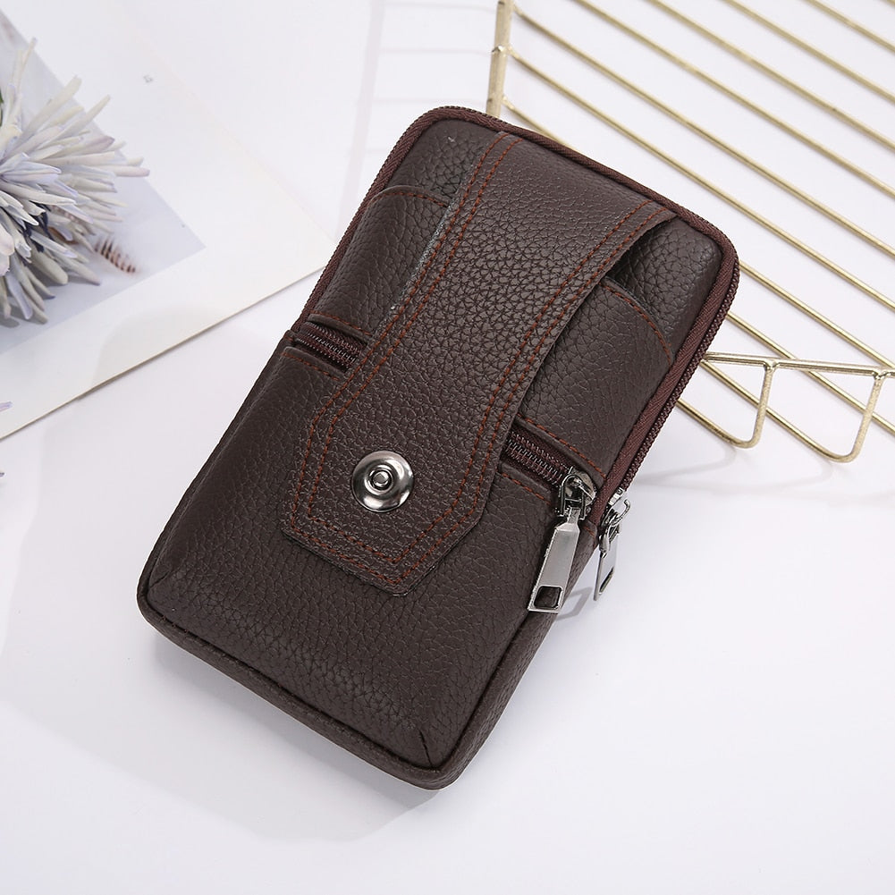 Cyflymder Vintage Men Solid Color PU Leather Waist Bag Casual Male Small Wallet Mobile Phone Bags Multi Layer Belt Pouch Coin Purse Cover