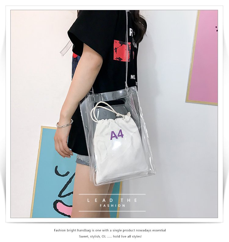 Cyflymder Fashion Women Messenger Bag Transparent PVC Vertical Letter Shoulder Bag A4 A5 Summer Creative Beach Bag Internal Drawstring Bag
