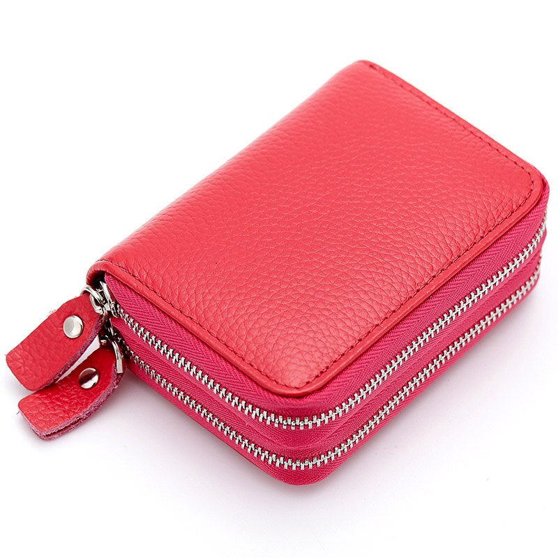 Cyflymder Genuine Leather Men & Women Mini Short Wallet Cow Leather Coin Purse Solid Card Holder Accordion Card Slots Double Zipper Pocket