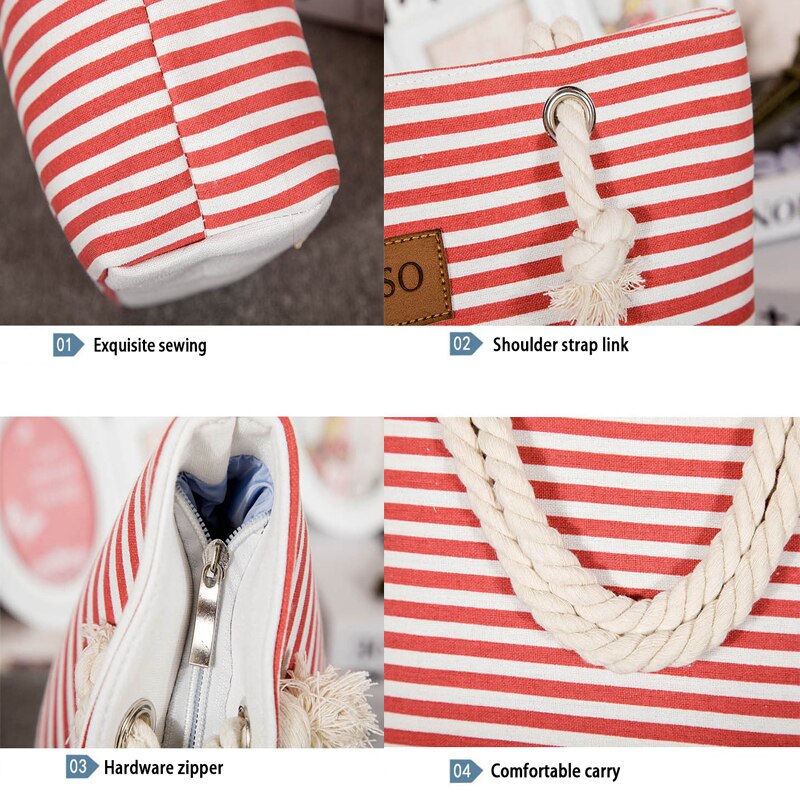 Cyflymder Women Stripes Canvas Beach Bag Large Capacity Female Zipper Shoulder Bag Ladies Polyester Totes Girl's Casual Shopping Handbag