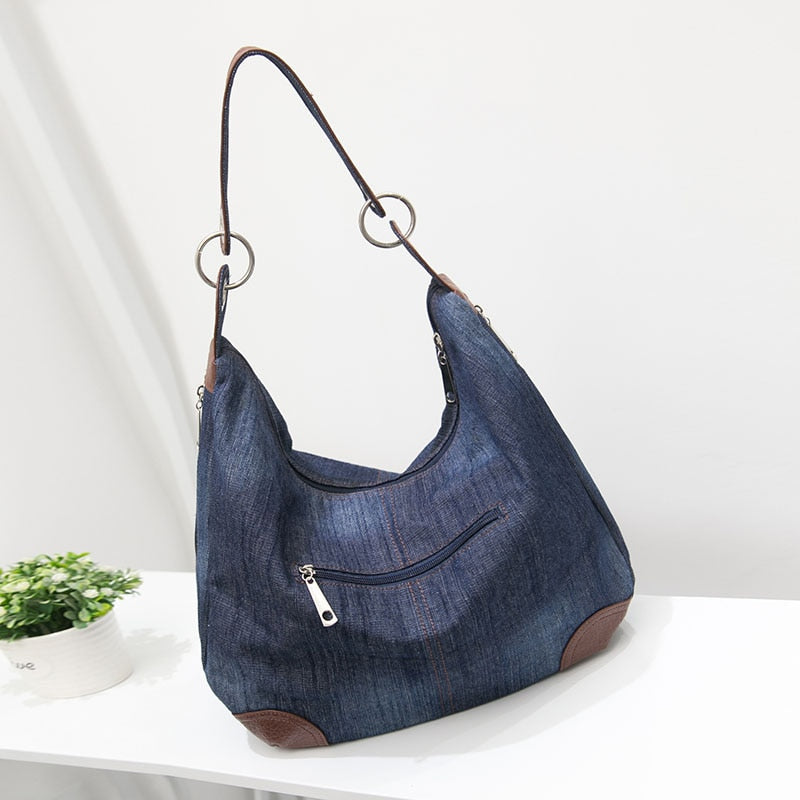 Cyflymder Women Denim Tote Bag Casual Canvas Jean Large Capacity Top Handle Bag One Shoulder Bags