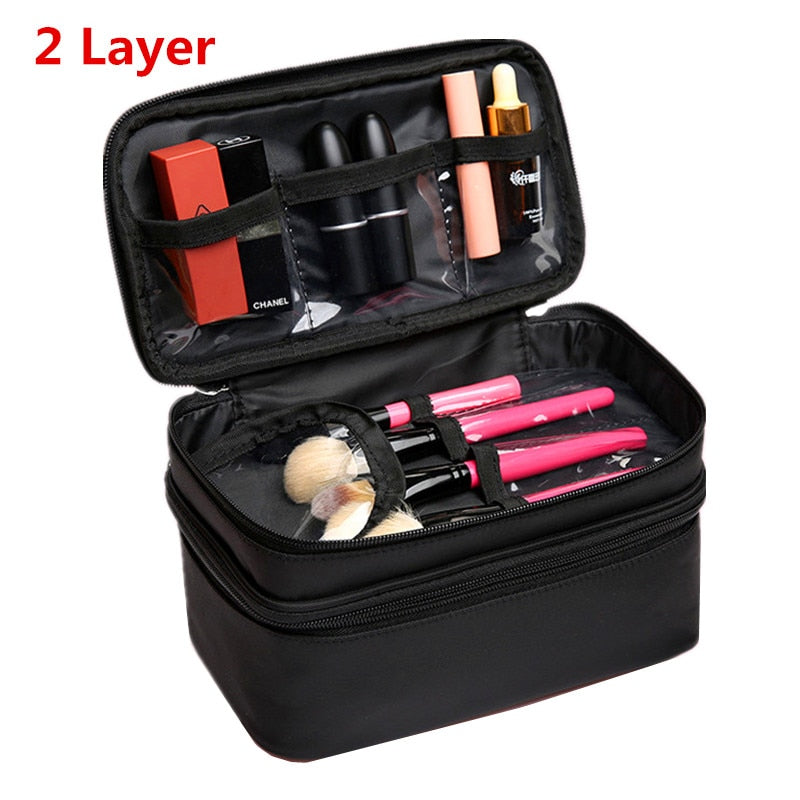 Cyflymder Women's Double Layer Cosmetic Bag Box Waterproof Oxford Makeup Case Travel Organizer Necessary Beauty Vanity Toiletry Wash Pouch