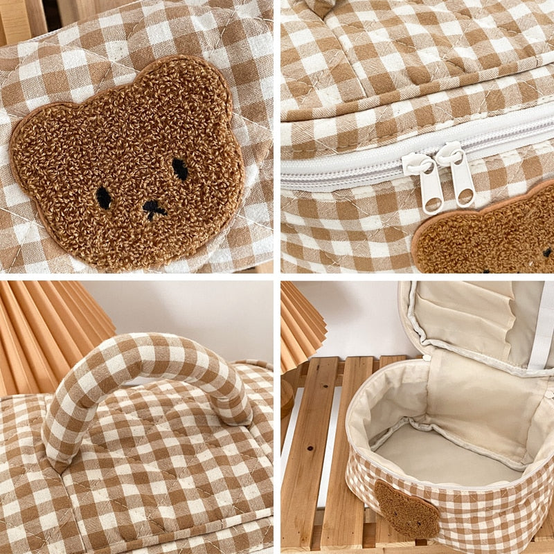 Cyflymder Cute Bear Makeup Bag Large Capacity Portable Cosmetic Bags Zipper Pure Cotton Plaid Brushes Pouch Case For Women