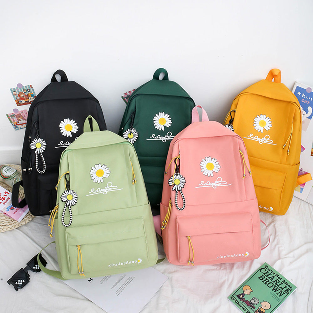 Cyflymder 4pcs/Set Preppy Style Daisy Print Backpacks Canvas School Rucksack Teenager Girls Travel Mochila Shoulder Bags Students Pen Clut