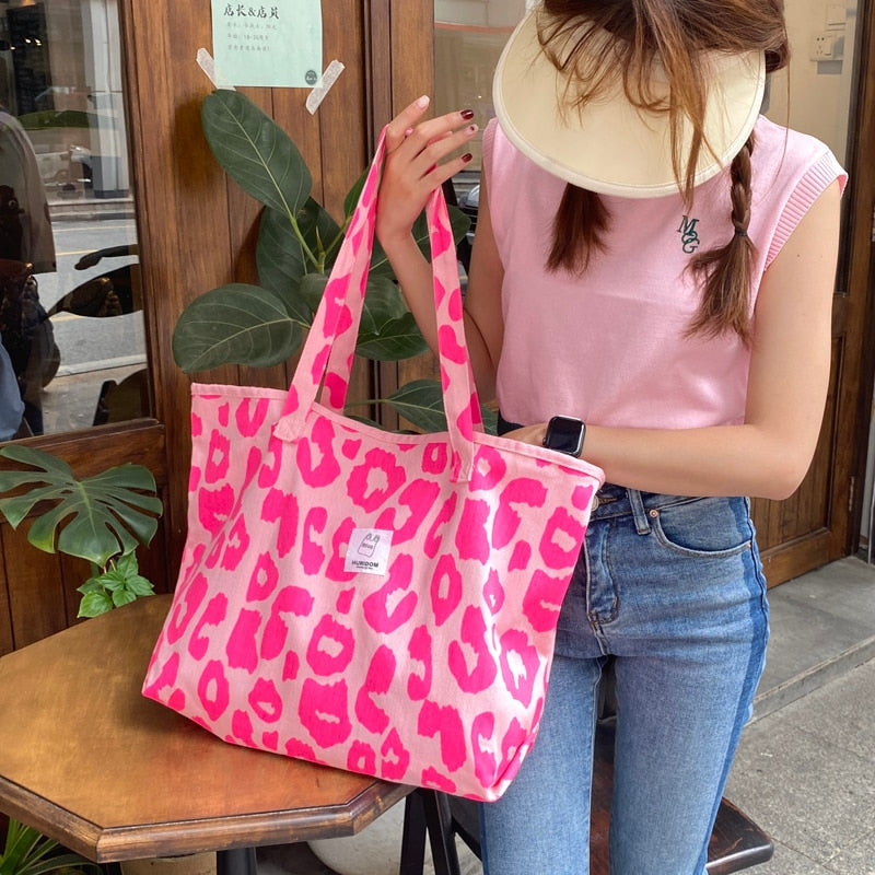 Cyflymder Women Shoulder Bag Canvas Totes Bag Girl Fashion Casual Large Capacity Shopper Bag With Snap Cute Leopard Printing Handbags