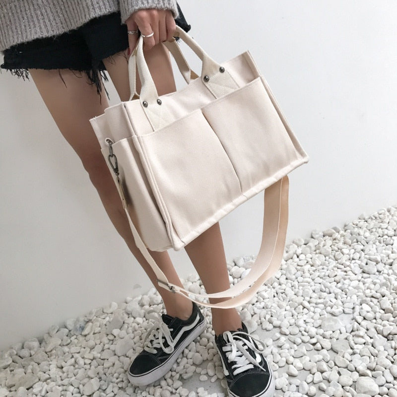 Cyflymder Women Casual Canvas Shoulder Bag Ladies Exterior Pockets Crossbody Bags Solid Thick Cotton Cloth Purses and Handbags For Girls