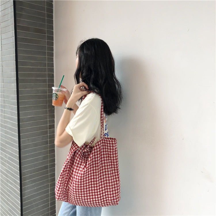 Cyflymder Fashion Women's Canvas Tote Shoulder Large Shopping Bag Plaid Eco Large Capacity Ladies Purse Pouch Girls Student Book Handbags