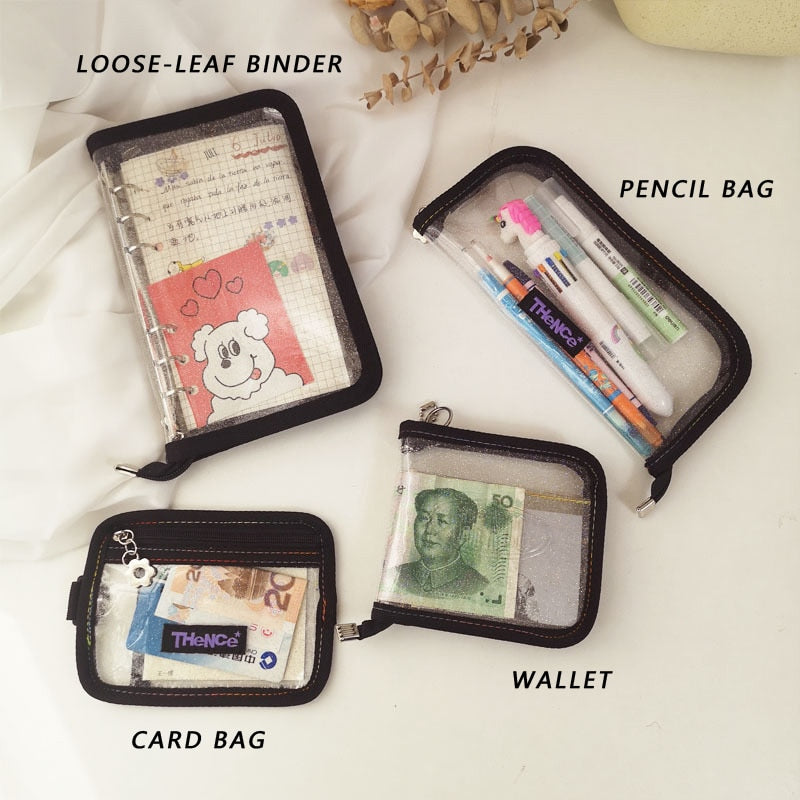 Cyflymder Korean Ins Laser Transparency Pencil Bag PVC Black Border Flash Powder Loose-leaf Binder Girl Personalized Bank Card Bag Wallet