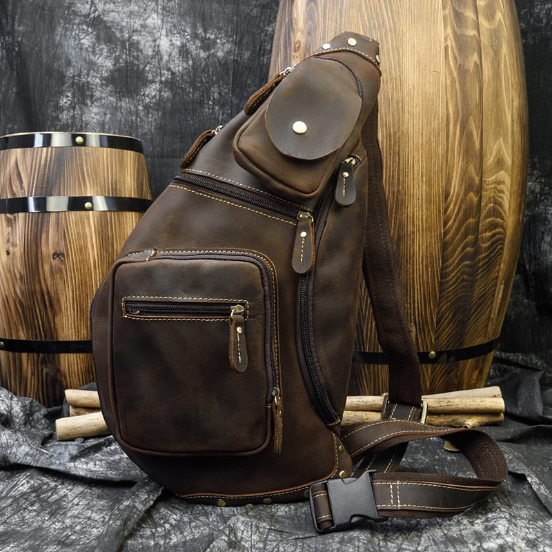 Cyflymder Crazy Horse Leather Big Chest Bag Genuine Leather Sling Bag Mans Chest Pack Leather Crossbody Bags For Men Sports Riding