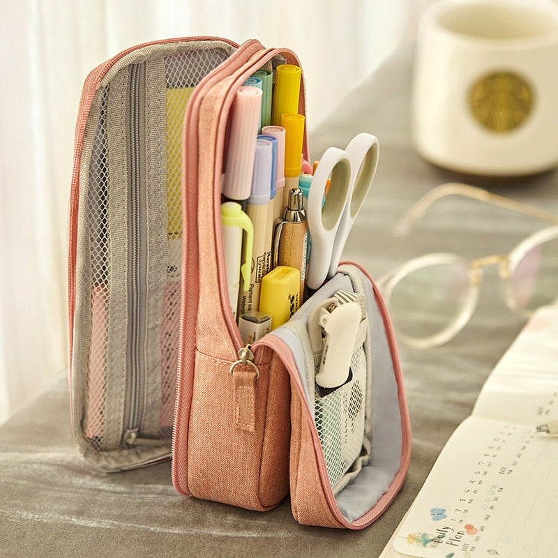 Cyflymder  Normcore Pen Bag Pencil Case Two Layer Foldable Stand Fabric Phone Holder Storage Pouch for Stationery Office School