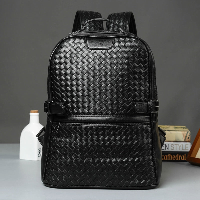 Cyflymder Fashion PU Leather Woven Backpack for Men Luxury Business Laptop Bag Mens Backpack Zipper Travel High Capacity Backbag Male Bags