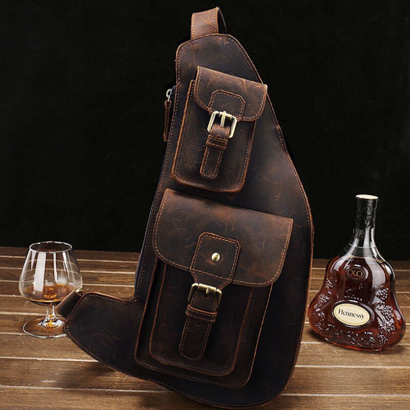 Cyflymder Crazy Horse Leather Big Chest Bag Genuine Leather Sling Bag Mans Chest Pack Leather Crossbody Bags For Men Sports Riding