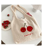 Cyflymder Plush Tote Bag Shopper Handbag for Women Autumn Winter Girls Casual Cute Cherry Embroidery Lmitation Wool Eco Shoulder Bags