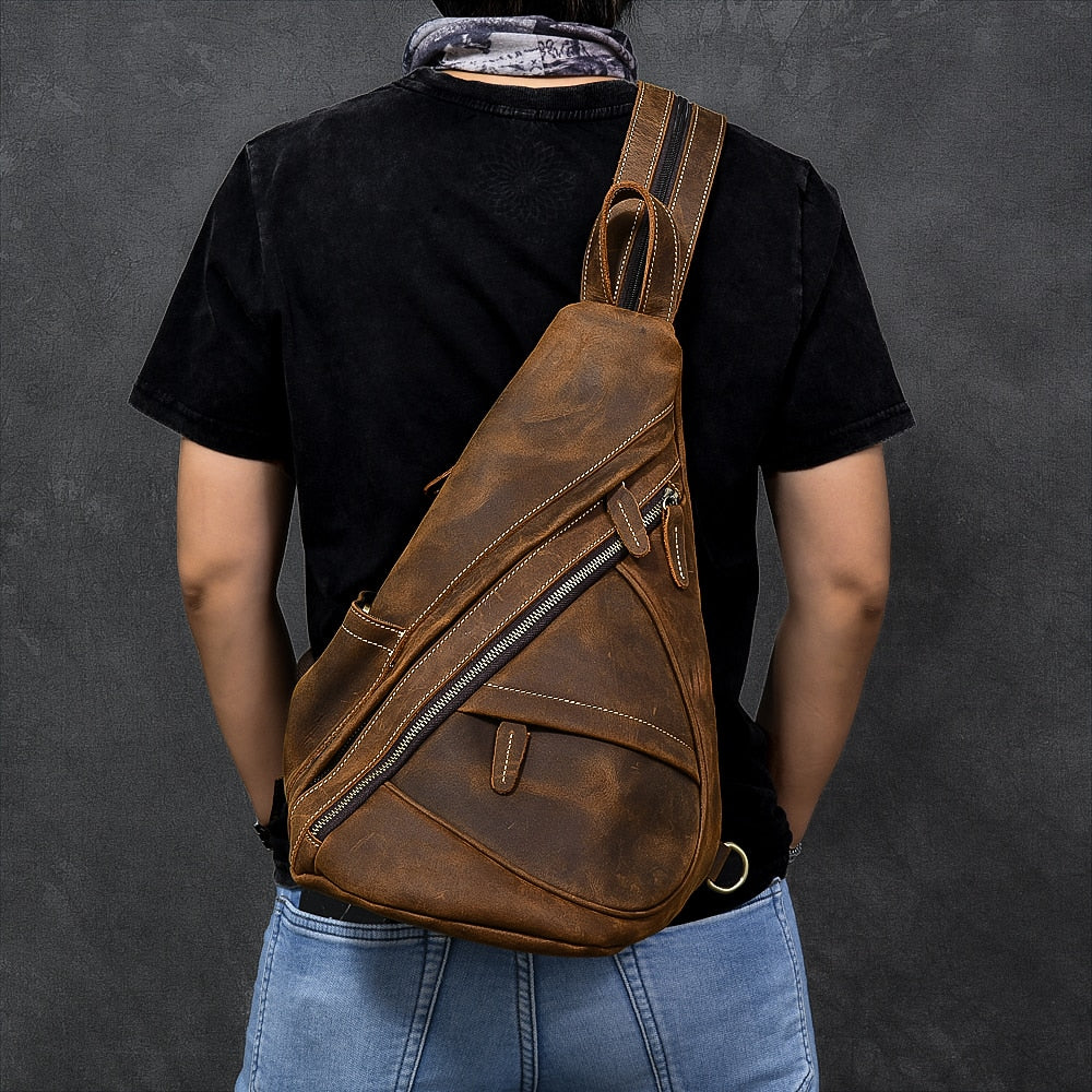 Cyflymder Single Shoulder Bagpack Genuine Leather Chest Bag Outdoor Riding Bag Chest Packs For Biker Men Male Sling Bags Cow Leather