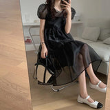 Cyflymder Organza Puff Sleeve A Line Solid O Neck Dresses Women + Sling Two Piece Set
