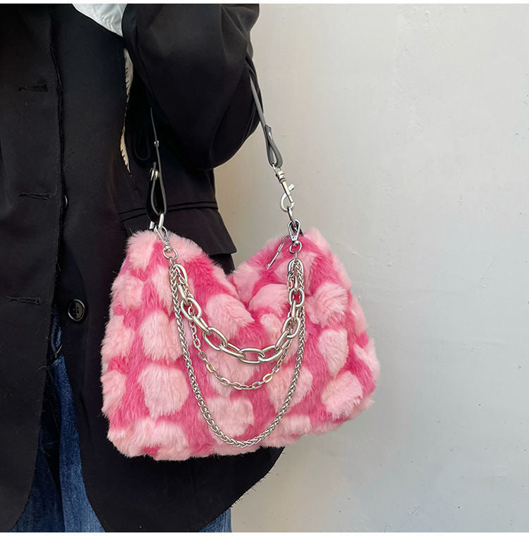 Cyflymder Y2k Hot Girls Pink Love Underarm Bags Soft Plush Heart Pattern Ladies Shoulder Bag Female Chain Furry Crossbody Bag Handbags