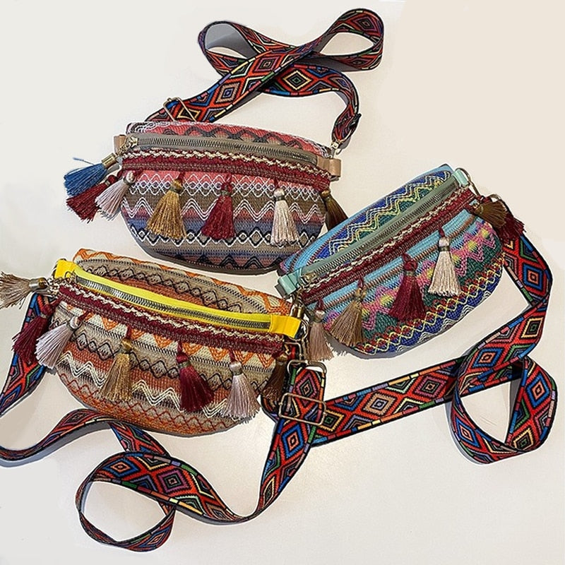 Cyflymder Women Folk Style Waist Bags with Adjustable Strap Variegated Color Fanny Pack with Fringe Decor Pochete Feminina Ri?onera Belt