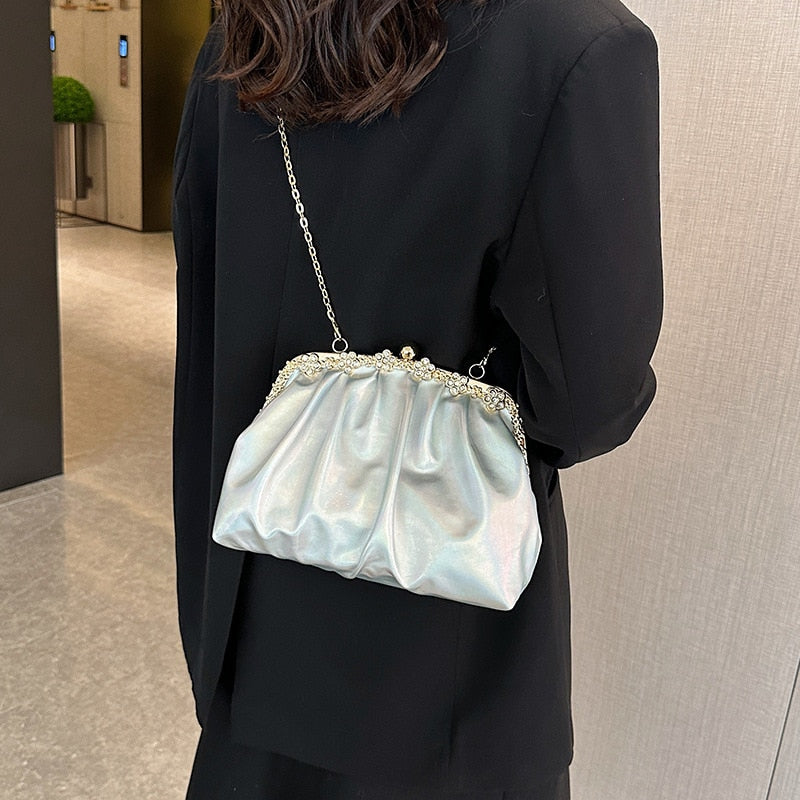 Cyflymder Glitter Laser Women's Leather Cloud Bag Retro Chain Crossbody Bag Luxury Women's Bag Pleated Dumpling Handbag Party Clutch