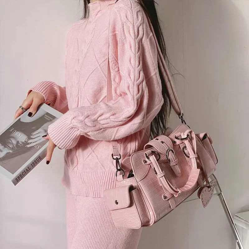 Cyflymder Vintage Biker Shoulder Bag Y2k Hippie American Street Style Heart Rivets Pink Handbag New Advanced Leather Designer Bags