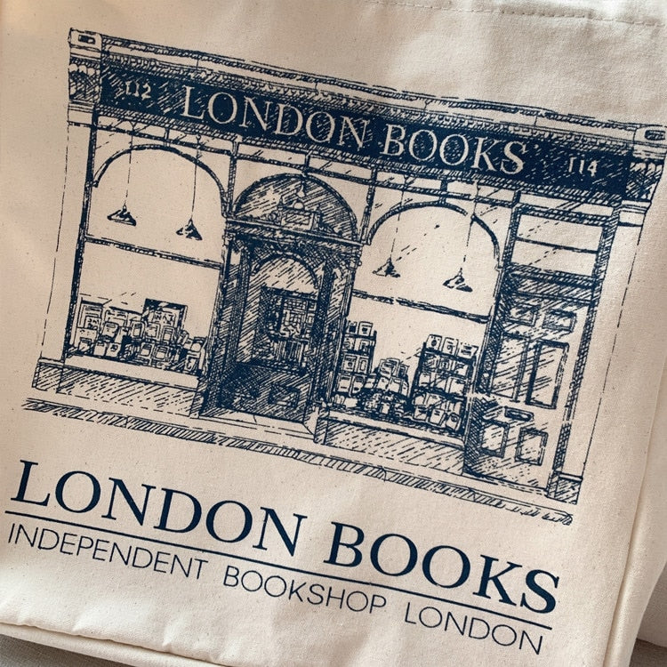 Cyflymder Women Canvas Shoulder Bag London Books Print Ladies Casual Handbag Tote Bag Reusable Large Capacity Cotton Shopping Beach Bag