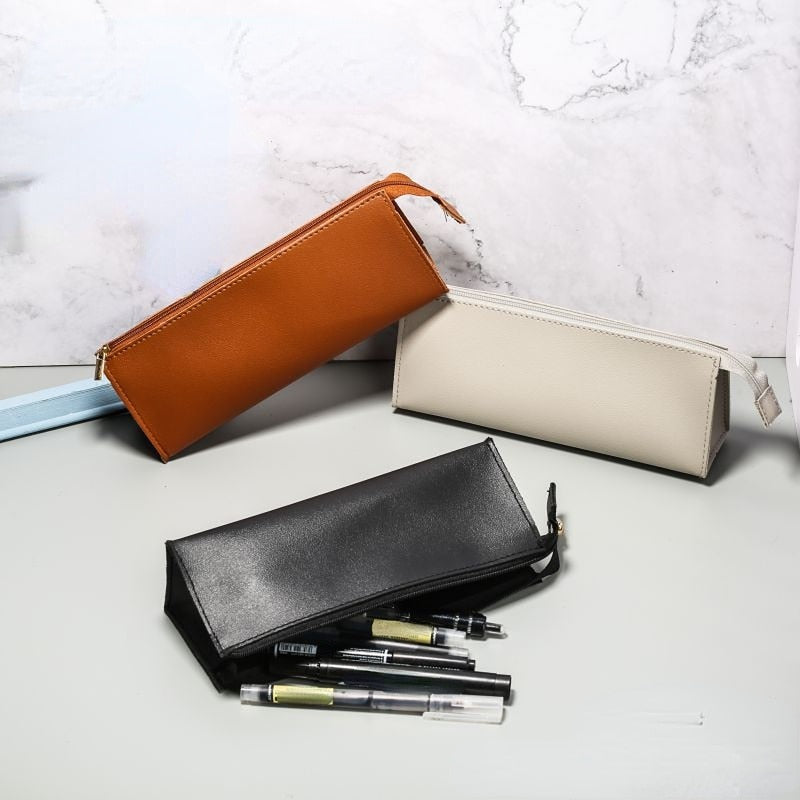 Cyflymder Large Capacity PU Leather Pen Pencil Bag Simple Vintage Color Case Storage Zipper Pouch for Pens Stationery School Supplies
