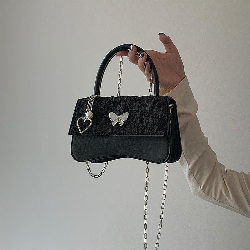 Cyflymder Elegant Crossbody Bag Women Cute Black Pu Leather Butterfly Heart Square Bag Spring New Fashion Designer Luxury Handbag