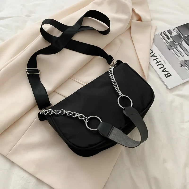Cyflymder New Casual Ladies Crossbody Bags Nylon Bag Women Vintage Black Shoulder Bag Girls Street Armpit Bag Solid Color Handbag