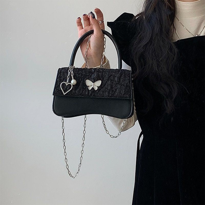 Cyflymder Elegant Crossbody Bag Women Cute Black Pu Leather Butterfly Heart Square Bag Spring New Fashion Designer Luxury Handbag