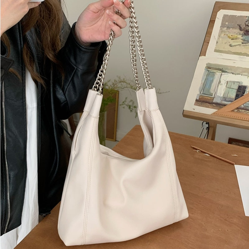 Cyflymder Korean Style Shoulder Bag New Solid Color Pu Leather Chain Handbag Large Capacity Daily Fashion Vintage Designer Tote Bag