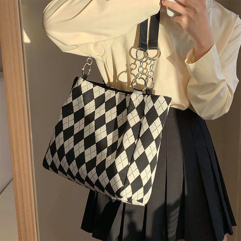 Canvas Bag Diamond Lattice Print Trendyol Shopper Large Tote Bag New Korea Casual All-match Chain Zipper Bolso Mujer