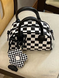 Cyflymder Black White Plaid Boston Bag Checkerboard Small Handbags For Women With Flower Pendant Messenger Bag Female Womens Pouch