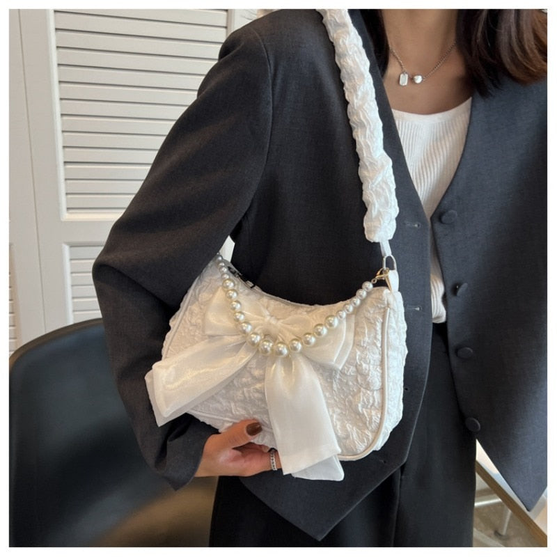 Pearl Female Bag Retro Luxury Designer Handbag Bow Crossbody Bags Fashion Canvas Women's Trend Shoulder bag Purses